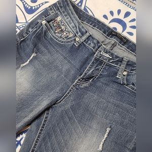 21 Black by Rue 21 Embroidered Embellished Blue Boot Cut Jeans Sz 9/10